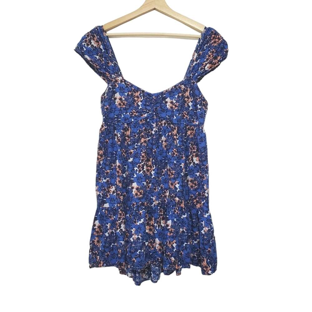 Free People | Pattern Play Linen Mini Dress Short Cap Sleeves Smocked Back Panel